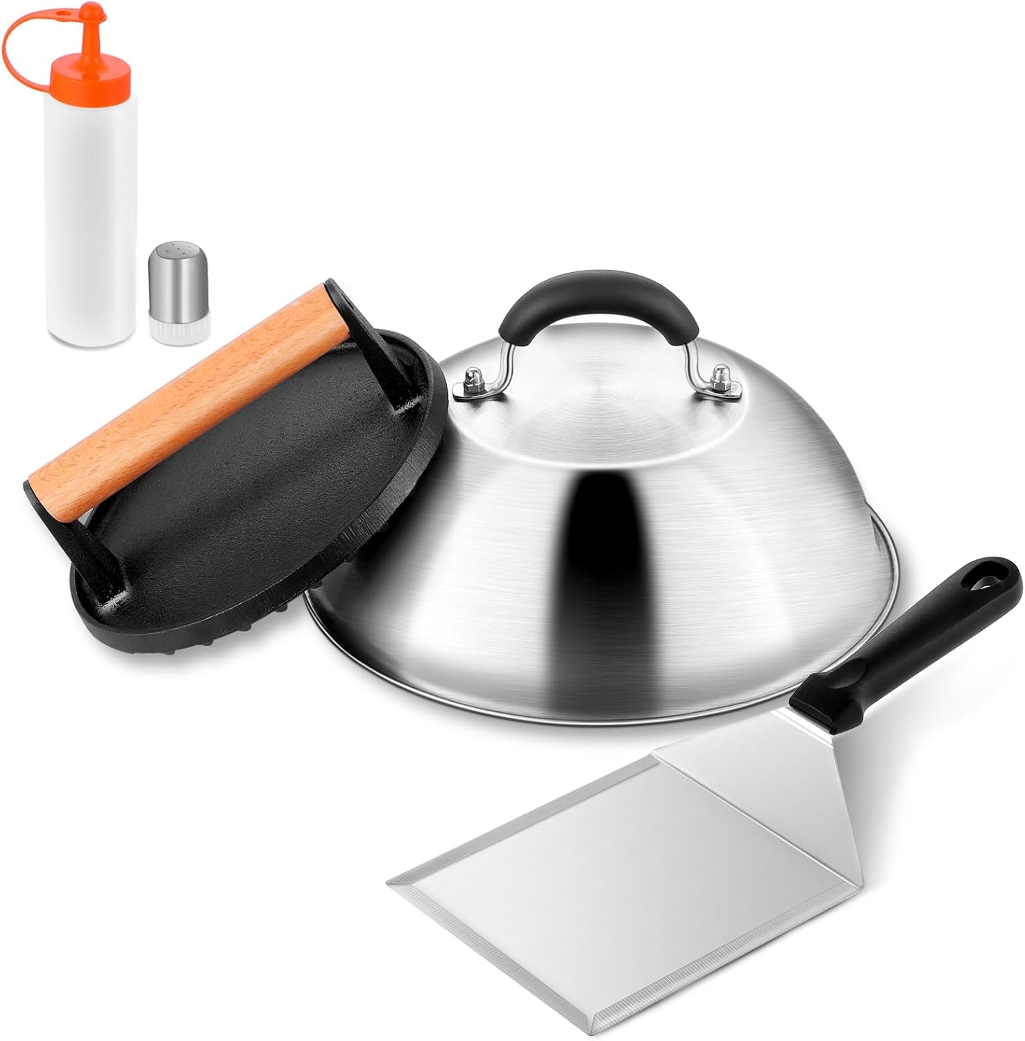 Leonyo Smashed Burger Kit, 9″ Cheese Melting Dome, 7″ Burger Press, Griddle Spatula, 2Pcs Squeeze Squirt Bottles, Spice Dredge Shaker, Griddle Accessories Kit for Flat Top Grill Cooking Indoor Outdoor Leonyo Smashed Burger Kit, 9″ Cheese Melting Dome, 7″ Burger Press, Griddle Spatula, 2Pcs Squeeze Squirt Bottles, Spice Dredge Shaker, Griddle Accessories Kit for Flat Top Grill Cooking Indoor Outdoor