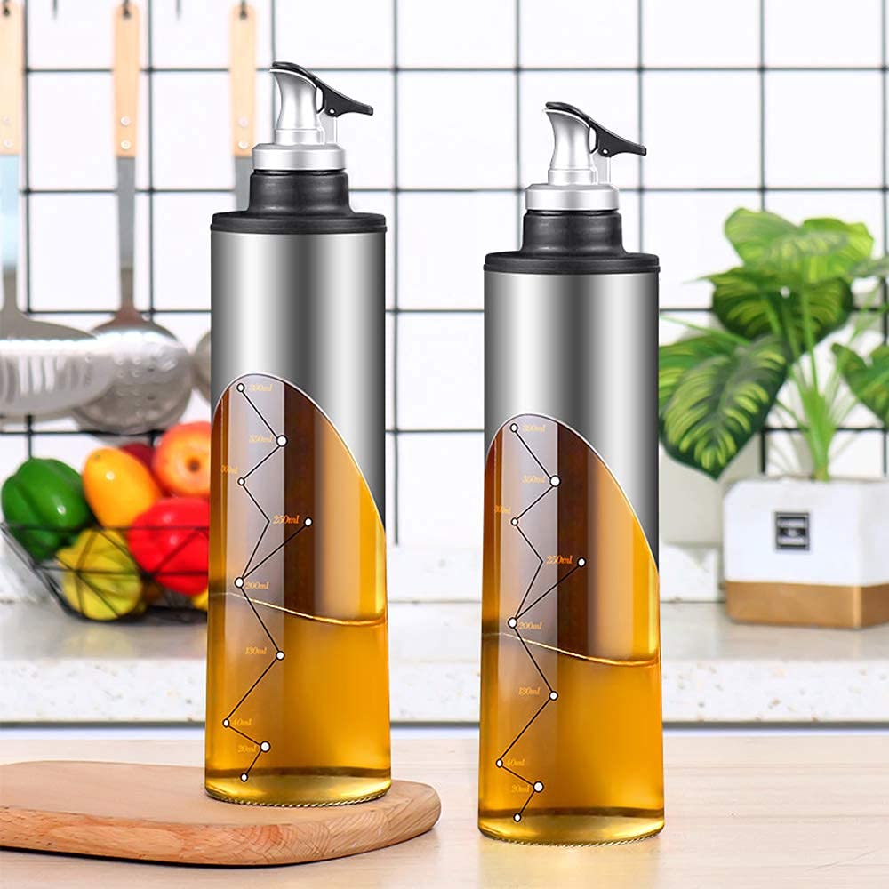 MRKU Ölspenderflasche, auslaufsicher, für Küche, Kochen, Olivenöl, Essig, 650 ml, mit Skala, Glas-Essig-Set