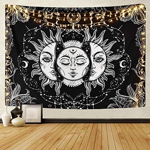 Likiyol Sun and Moon Tapestry Burning Sun with Star Tapestry Psychedelic Tapestry Black and White Mystic Tapestry Wall Hanging