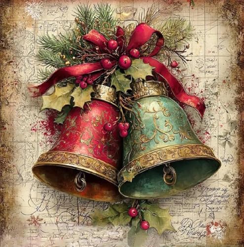 Image of Christmas Bell Stamped Cross Stitch Kits for Adults - Embroidery Kits for Beginners Adults,11 CT Patterns Dimensions Counted Cross Stitch Kits for Adults Arts Craft 14x14 inch