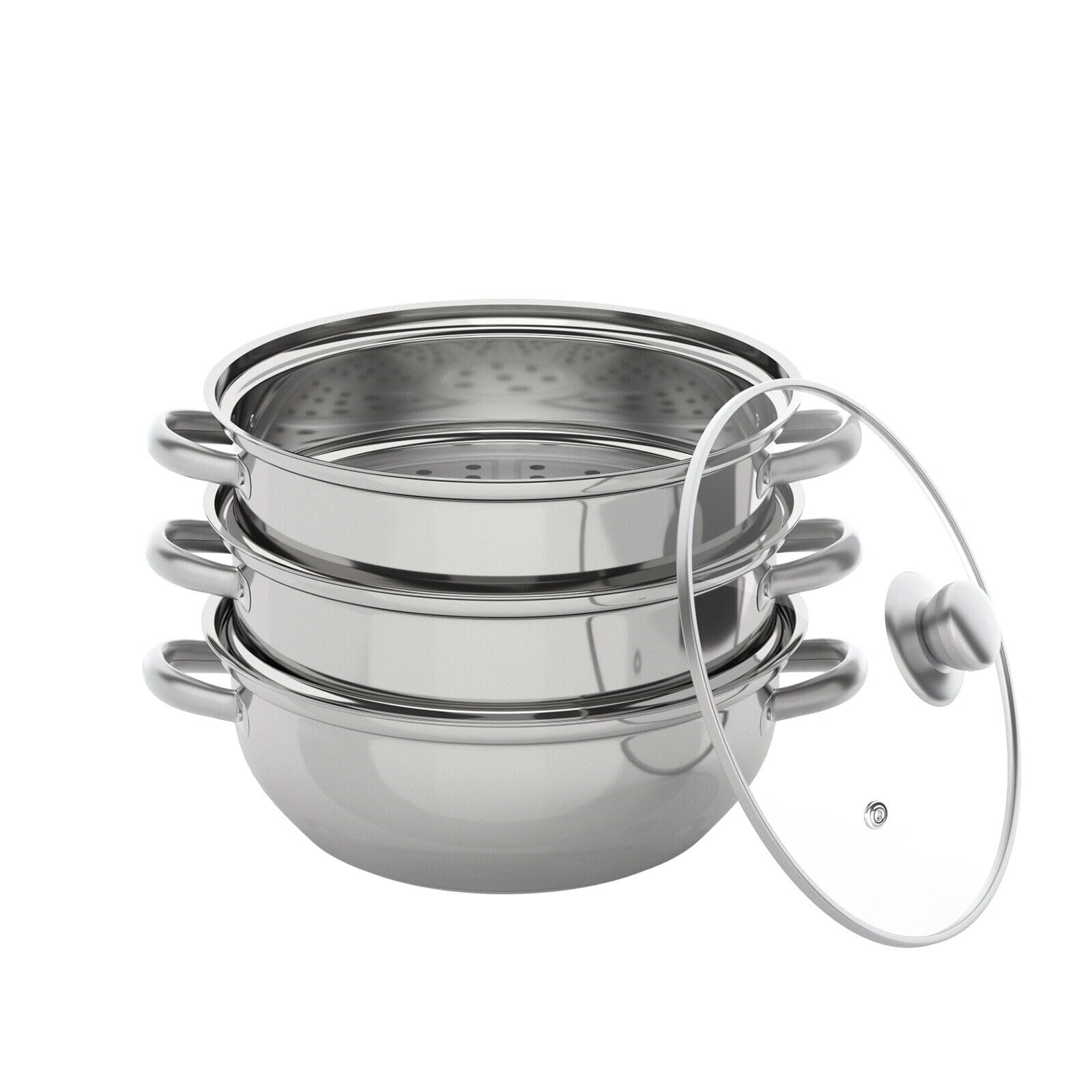 WDRENTOOL 3 Tier Steamer Stainless Steel Steamer - 28cm with Glass Lid Food Vegetable Cooking Pot Cooking Pan Steamer Pot Dim Sum Cookware for Kitchen Cooking Tool
