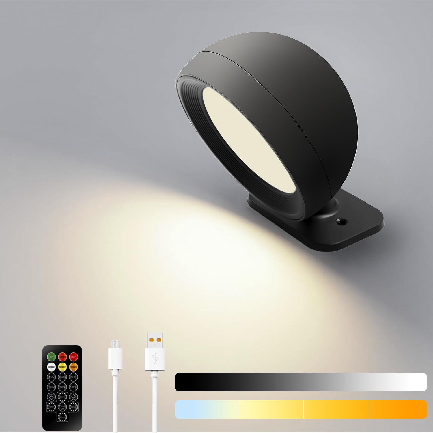 Großcat Lámpara de Pared LED de interior, lámpara de mesilla de noche regulable sin cable con 5 modos de color, aplique USB recargable giratorio 360°,Negro