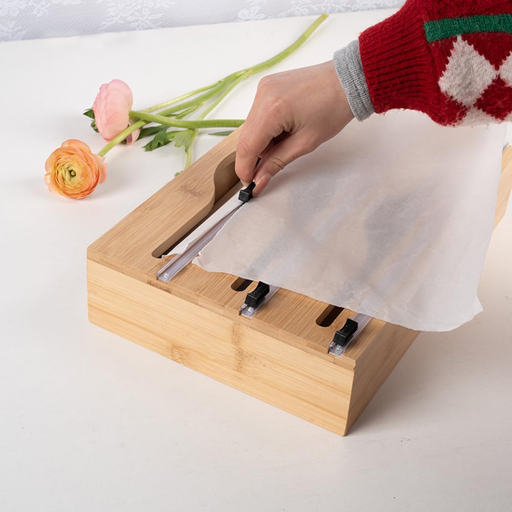 3 In 1 Folienspender 3 In 1 Folienschneider Aus Bambus - Frischhaltefolie  Abroller Holz Mit Alu- & Backpapier Spender