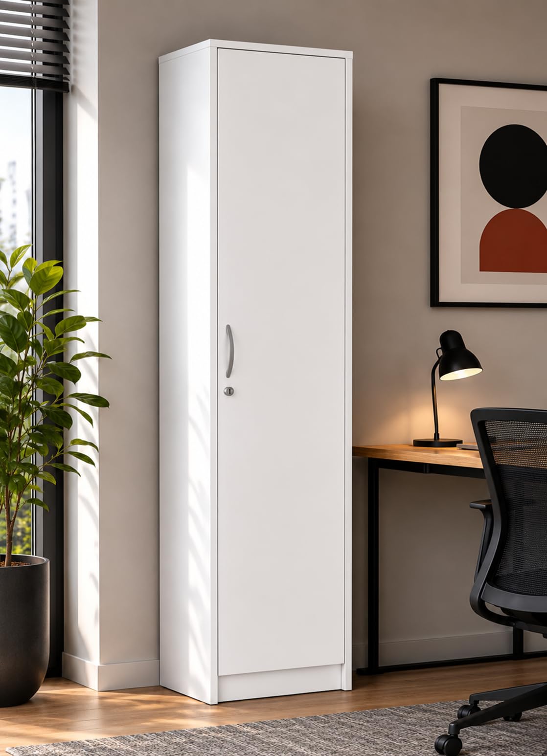 Armadio per ufficio con serratura, armadietto per documenti, libreria per ufficio con 1 porta e 5 scomparti, armadietto universale per ufficio e casa 180x44,5x35 cm (Bianco)