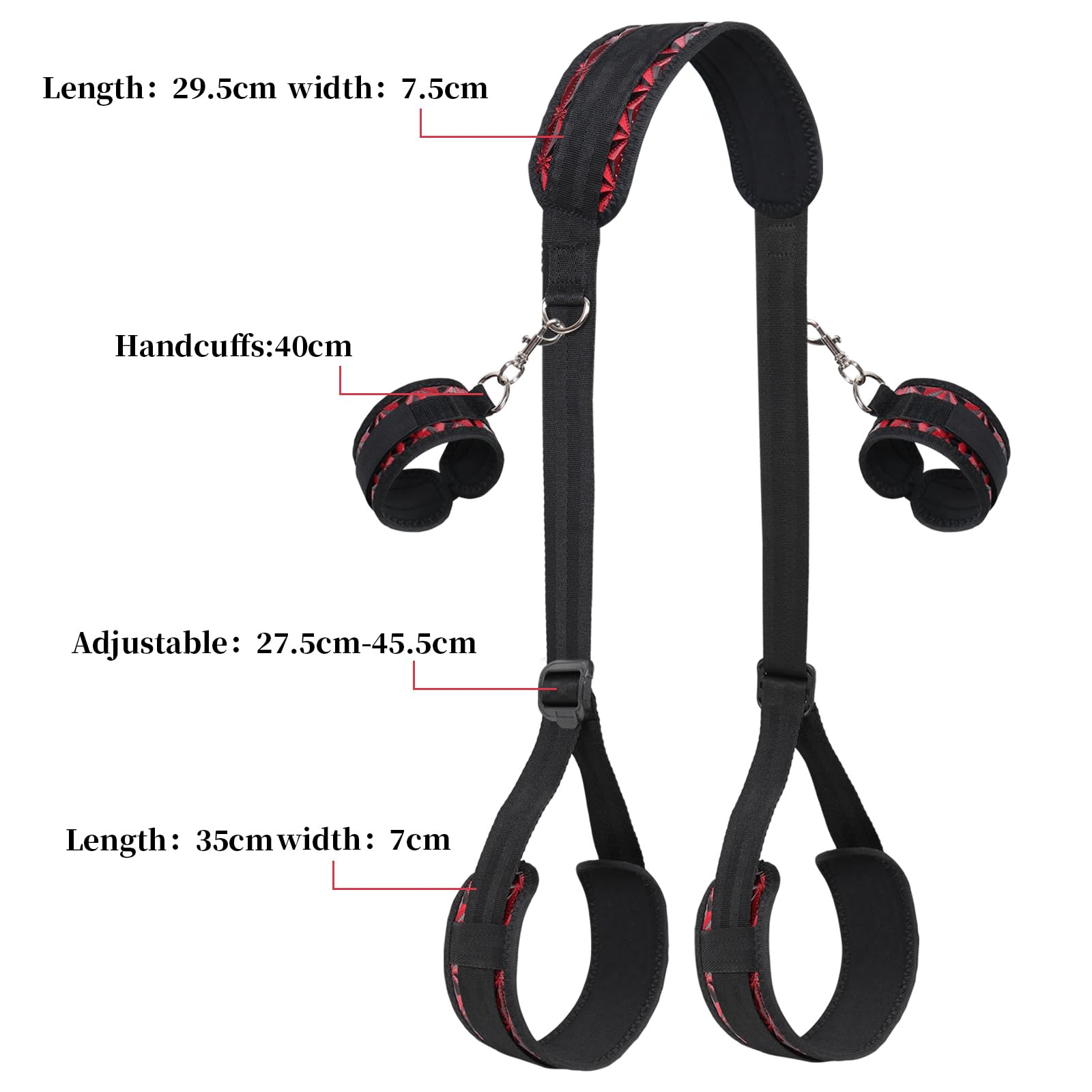 Sex Bondage BDSM Kit, Bed Restraints Set with Handcuffs Neck to Thigh/Ankle, Adjustable Leg Straps&Handcuffs for SM Adult Couples Game Play, Sex Toy for Women Beginner Leg Straps Tie Set Rope: Red Black