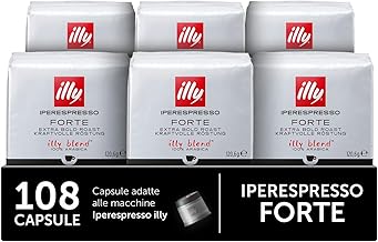 illy, Forte Hyperespresso Coffee Capsules, 100% Arabica with Intense Aroma of Toasted Bread and a Dark Chocolate Aftertaste, Strong Taste, 6 Packs of 18 (108 Total Capsules)