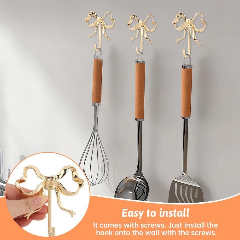 4Pcs Gold Bow Knot Hooks, Large Size Bow Wall Door Hanger Towel Hooks, Brass Coat Hanger Decorative Holder for Coats, Coffee Mugs, Hats, Bags, Bath Towels(Color:Gold)