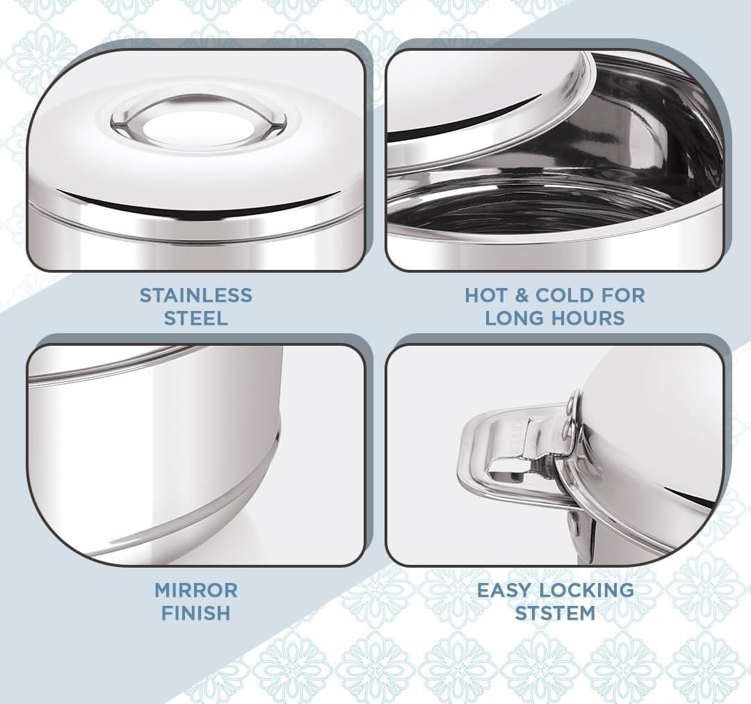 Casserole Stainless Steel Steam Insulated Casseroles| Easy to Carry Hot Boxes for Kitchen | Hot Food, Easy to Store Daily Use In Kitchen Item | Silver| Set of 3 (500,1000,1500ml)