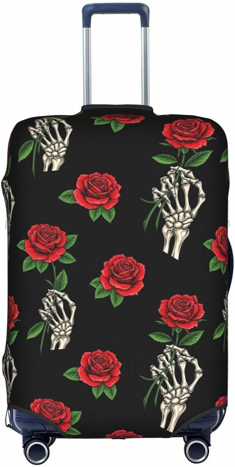 Patterned Luggage Cover Black Goth Skull Skeleton Hand Holding Red Rose, Elastic Suitcase Protector Sleeve, Washable Anti-Scratch Baggage Cover with Unique Design