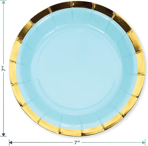 Miniatura 6 de Platos de postre de papel festoneado arcoíris pastel con adornos dorados de lujo, servilletas y tenedores (sirve 16)