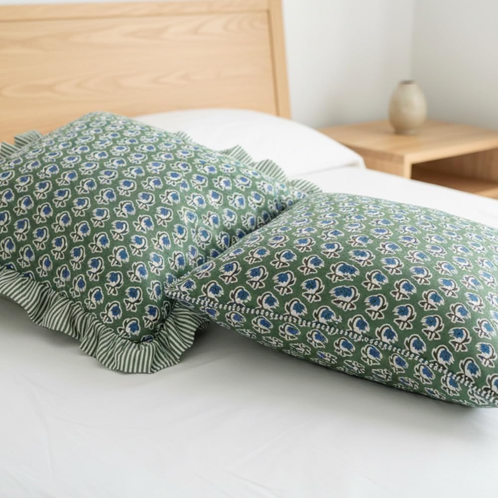 Throw Pillow Covers, Green with Blue Floral Pattern Set of 2,Striped Ruffle Border, Modern Farmhouse for Couch, Sofa, Bed, Living Room, Home Decor Gift for Spring (Basil Green, 18 x 18)