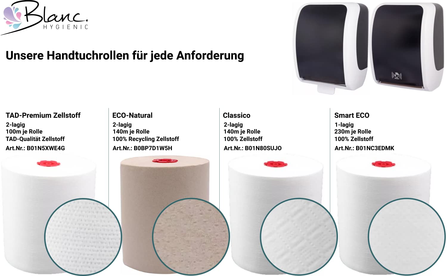 Cosmos Classico Handtuchrollen 840 m, 6 Rollen | Für Blanc Cosmos Sensor & Autocut Spender, 100 % Zellstoff, 140 m je Rolle, Adapter vormontiert
