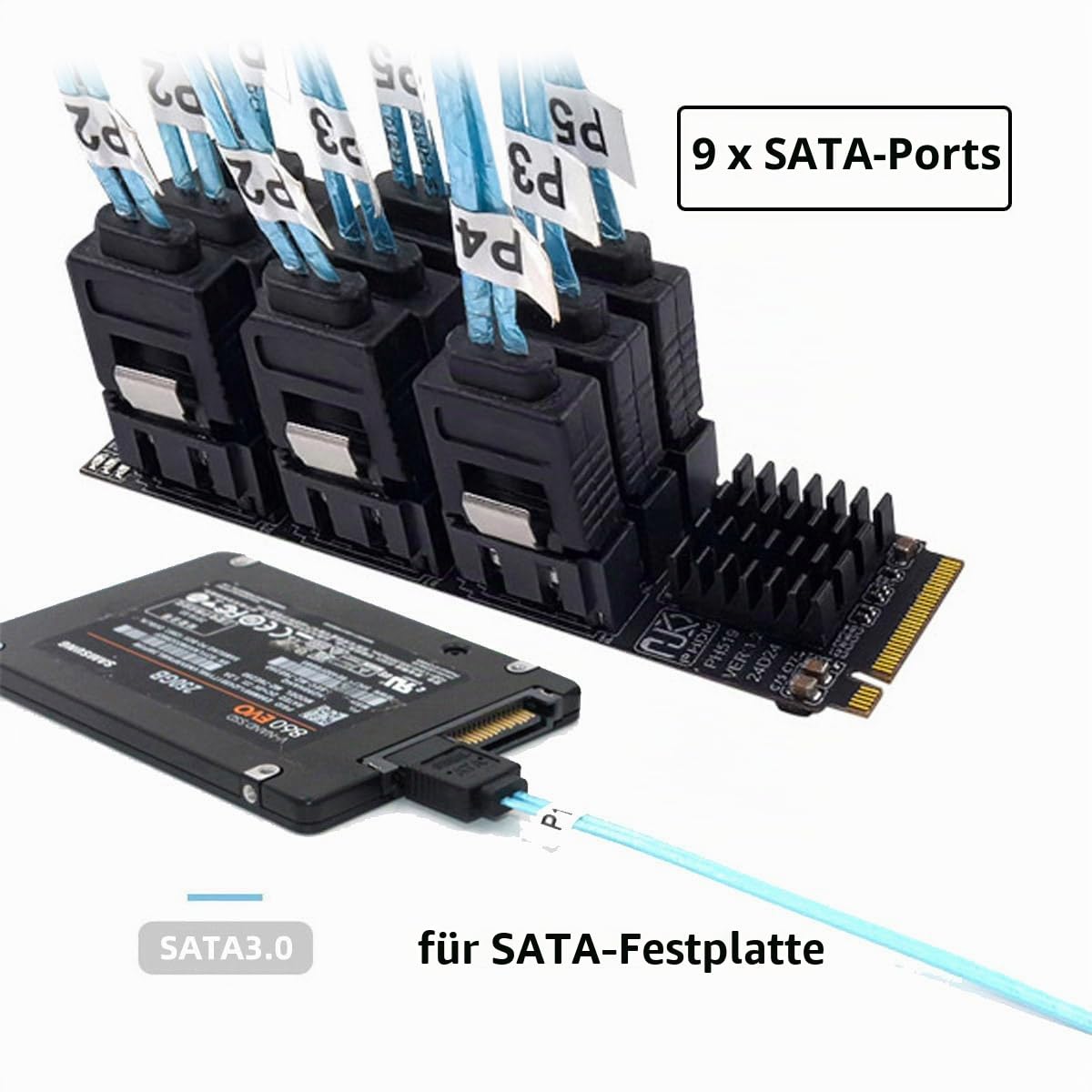 CY NGFF NVMe M-Key PCI Express M.2 auf 9 Ports SATA 3.0 6 Gbit/s Adapterkonverter Festplattenerweiterungskarte 2280 für NAS