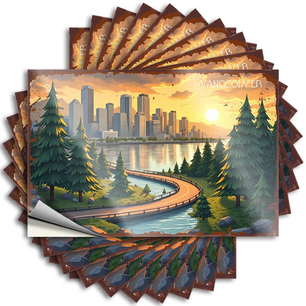 Home Entrance Decor, Bumper Funny Bottle Quote Stickers, Western No Residue Decals for Luggage | Quick Party Favor Custom Vancouver Sunset: Cityscape with Forest and River(8X12CM)
