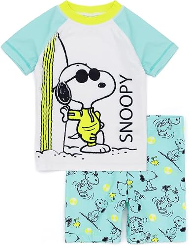 Peanuts Snoopy - Conjunto de traje de baño para niños Camiseta y pantalones cortos azules de 2 piezas para niños, paquete de natación todo en uno