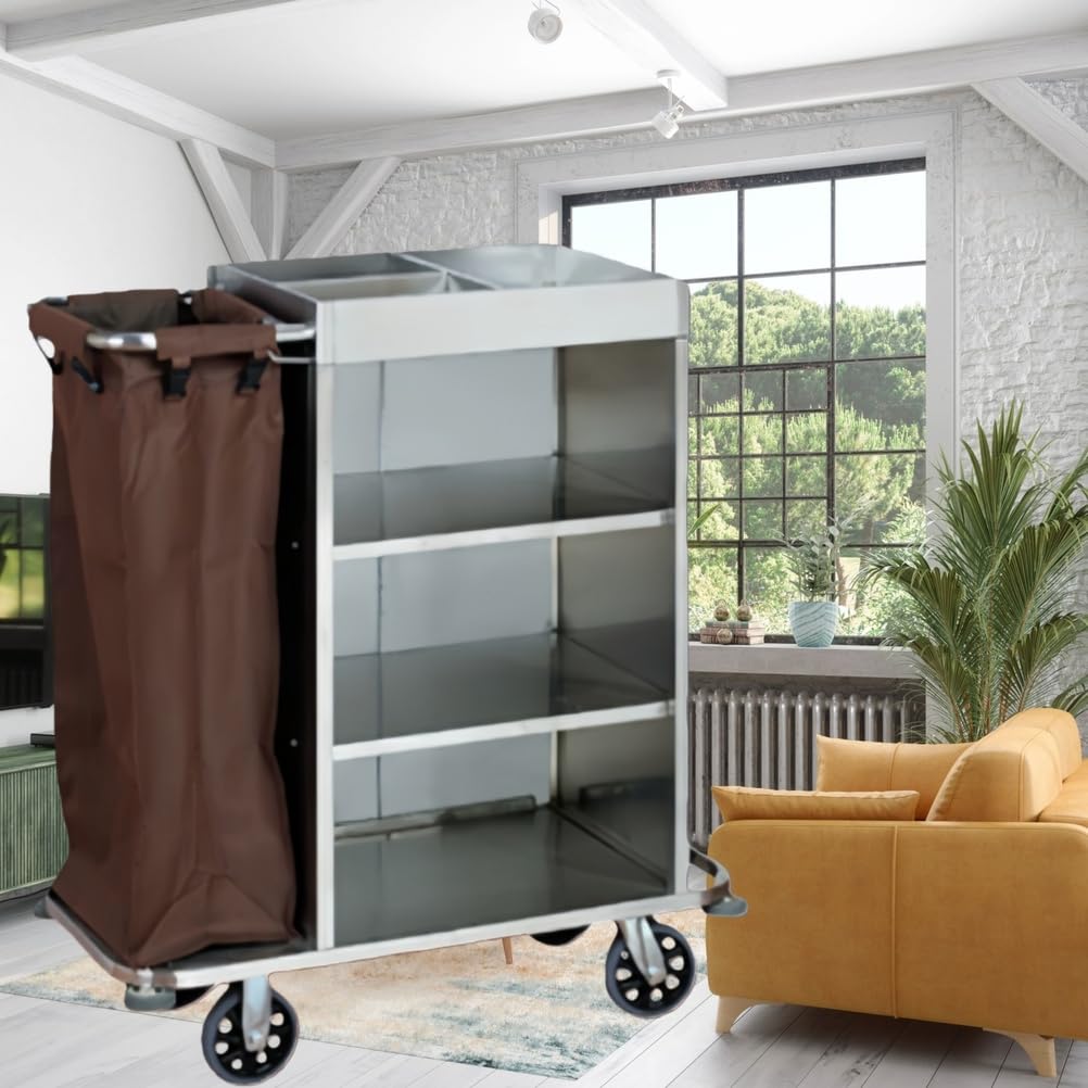 Carrito de limpieza resistente con ruedas bloqueables y 3 contenedores de almacenamiento, carrito de limpieza para hotel, servicio de habitaciones, personal de limpieza