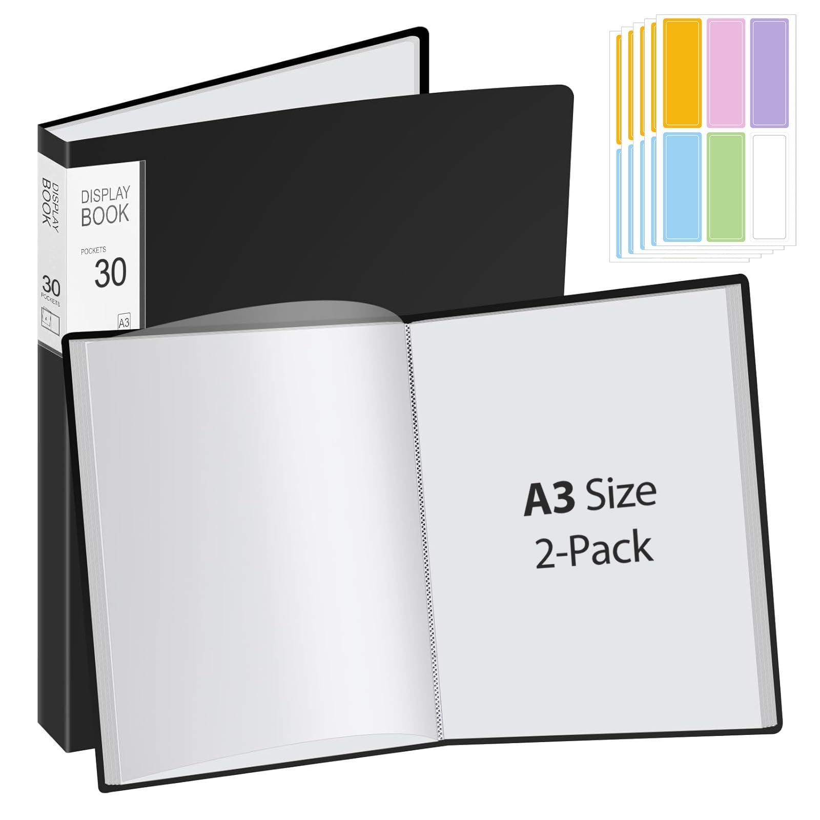 2 pezzi A3 presentazioni libro con 30 buste trasparenti per 60 fogli, formato A3, per opere d'arte, cartella per diamond painting, certificati, portfolio – PP – nero