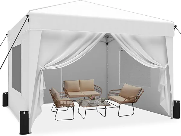 SANWAY 10x10 Pop Up Canopy Tent with Sidewalls x 4 – Easy Setup Canopy Tent, Waterproof, UV-Resistant, Portable with Carry Bag for Outdoor Events, Camping, and Backyard Parties – Silver White