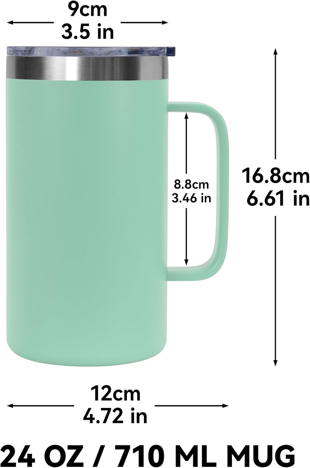 DOMICARE 24oz Mug with Handle and Lid, Stainless Steel Coffee Mug, Reusable Insulated Cup, Travel Mug with Handle, Double Wall Vacuum Coffee Tumbler for Men and Women, Mint Green, Pack 1 - Image 4
