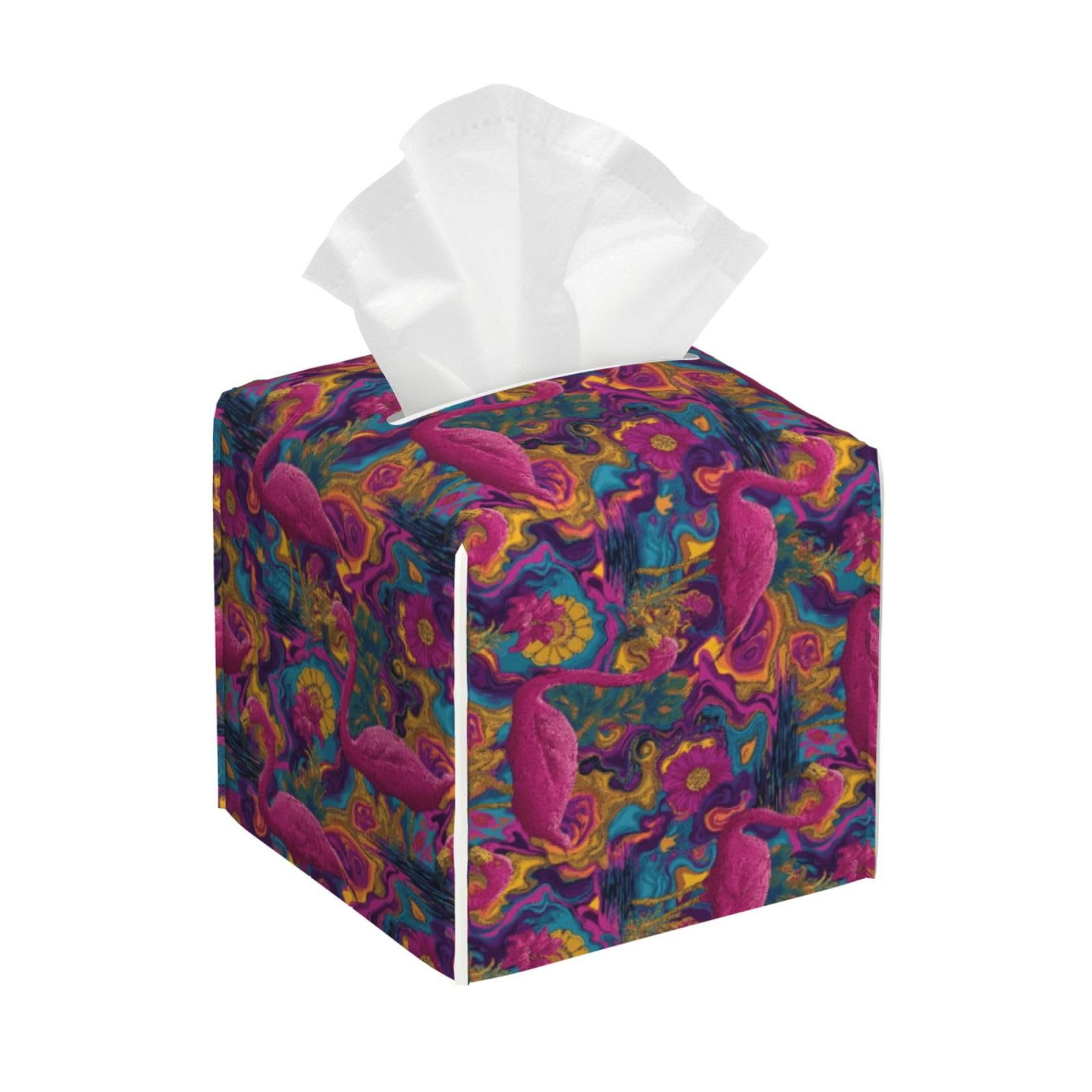 Pink Flamingo Cute Print Tissue Box Cover Holder Square, Foldable Modern Cube Tissue Box Cover, Leather Decorative Organizer for Tabletop Bathroom Car Office Desk Decor
