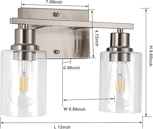 Miniatura 2 de Lámpara de baño de 2 luces, lámpara de tocador de níquel cepillado con pantalla de vidrio transparente, aplique de pared moderno para espejo, baño,