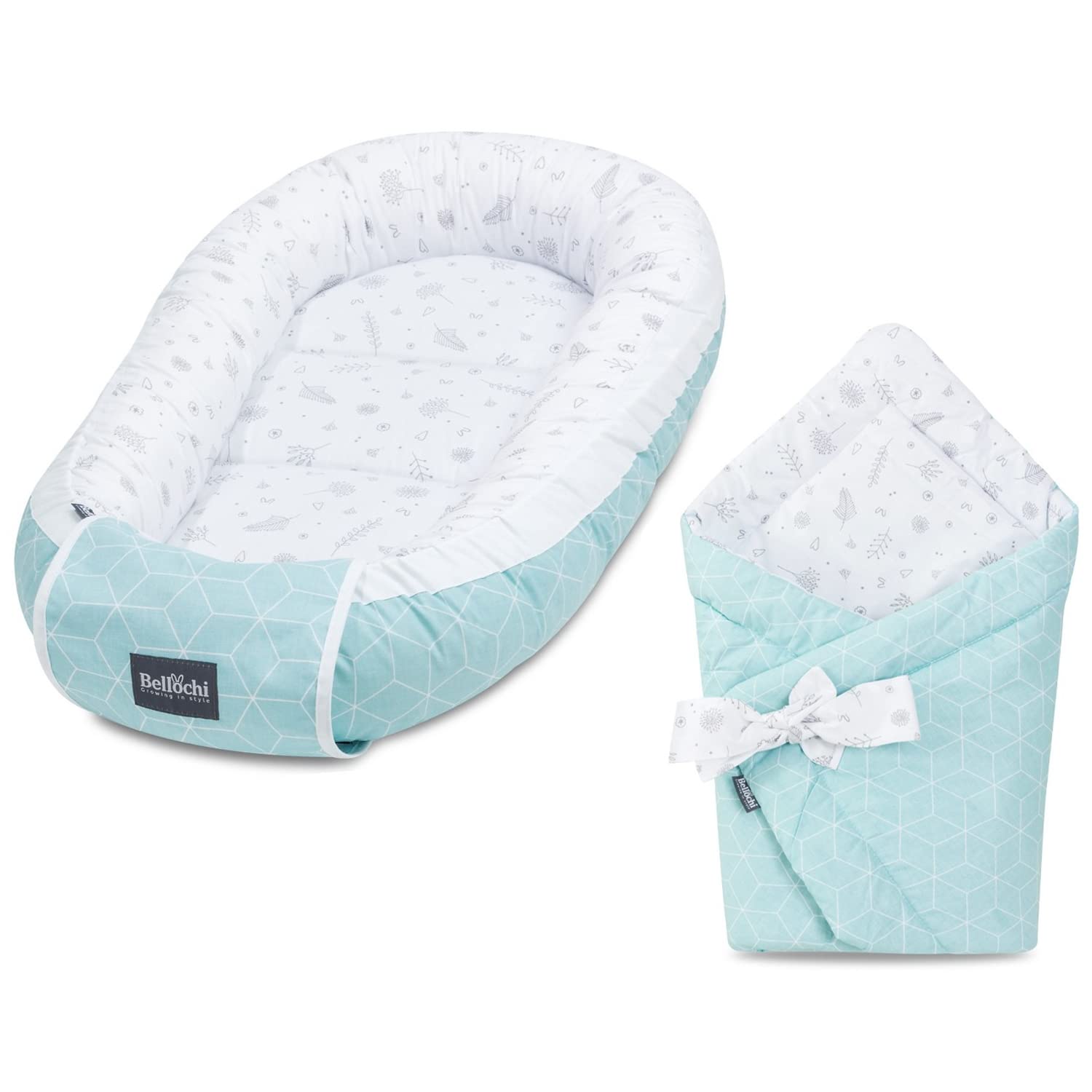 Bellochi Growing in style 2in1 Set Baby Nest Pod and Swaddle Blanket - Baby Sleep Pod for Newborn with Protective Edges - Baby Swaddle Wrap - 100% Cotton - Oeko-TEX Certified - CuMint