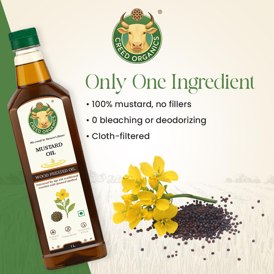 Creed Organics Wood Pressed Mustard Oil | Cold Pressed Kachi Ghani Sarso Oil | For Pickles, Tadka & Traditional Indian Cooking | Pungent Aroma | 100% Natural & Pure (500ml pack of 2) 1