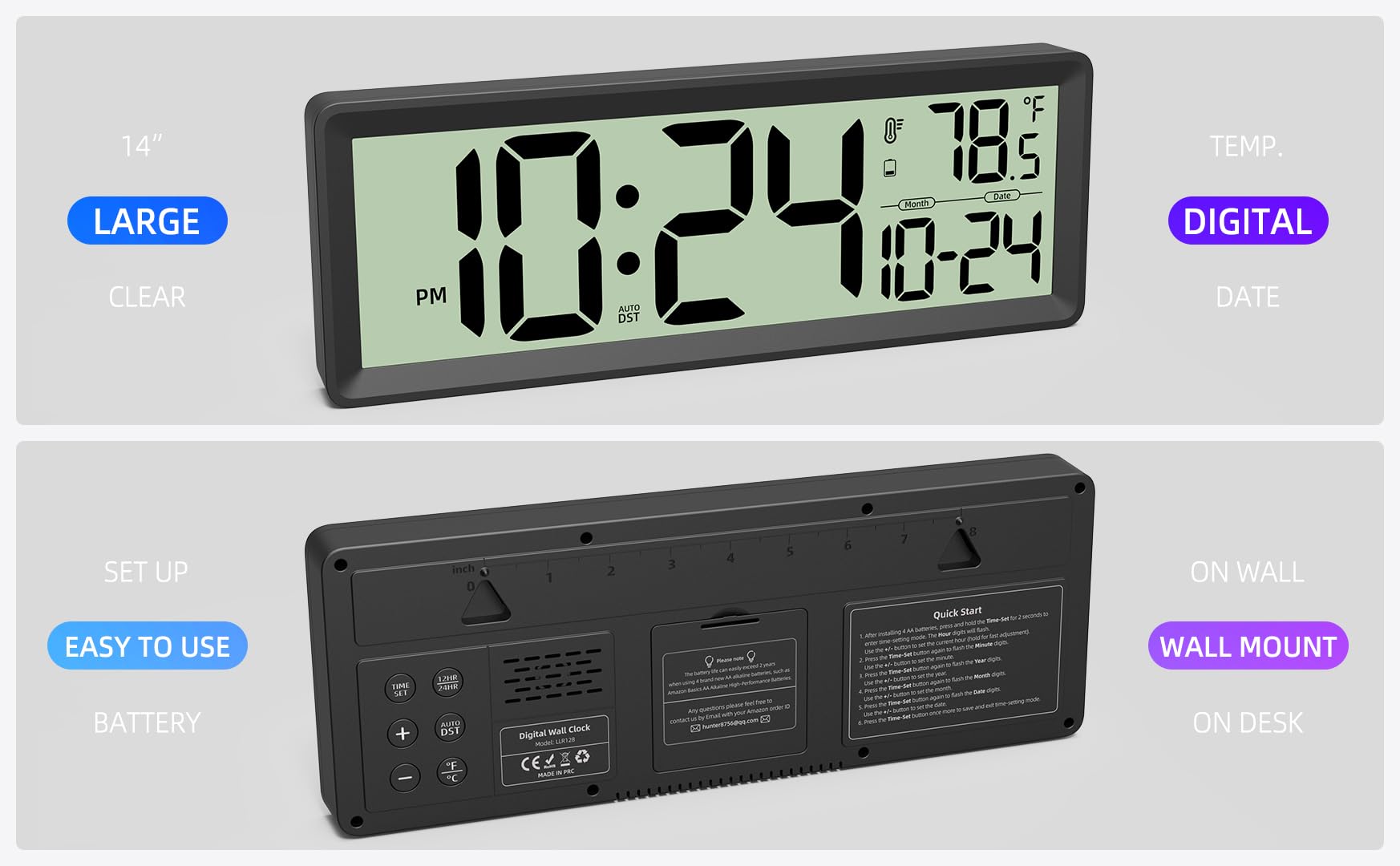 35,6 cm große digitale Wanduhr, batteriebetrieben mit Temperatur, Datum, Sommerzeit, große Digitaluhr für Küche, Bauernhaus, Schlafzimmer, Badezimmer, Klassenzimmer, Büro, Wohnzimmer – modern, leise