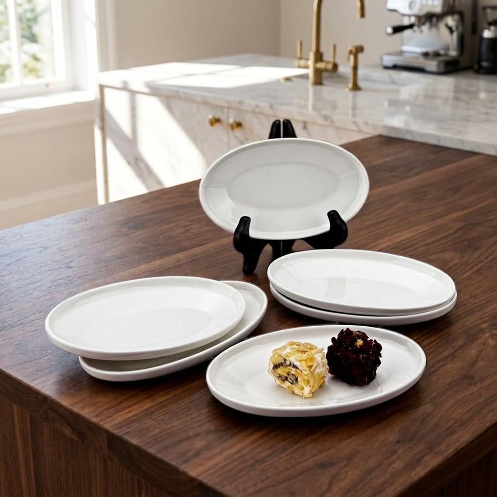 Deconox 6'lı Porselen Küçük Boy Oval Tabak Seti - Minimalist Beyaz Sunum Tabağı Kahvaltılık Mezelik ve Sosluk Servis Takımı (16 x 9,7 x 2,2 cm)
