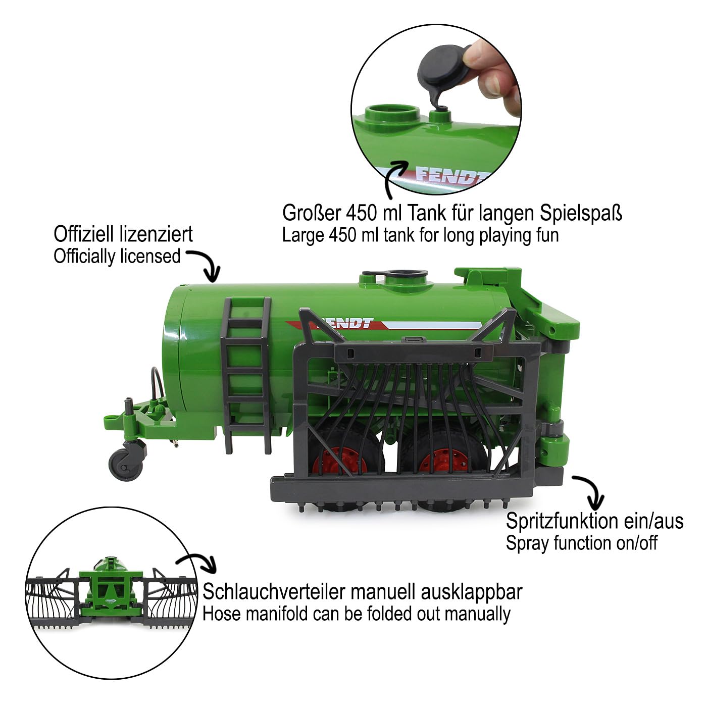 JAMARA 405235 – Fendt wózek beczkowy z rozdzielaczem węża – zbiornik 450 ml, funkcja natrysku wł./wył., hak holowniczy z przodu, ręcznie rozkładany rozdzielacz węża, zielony