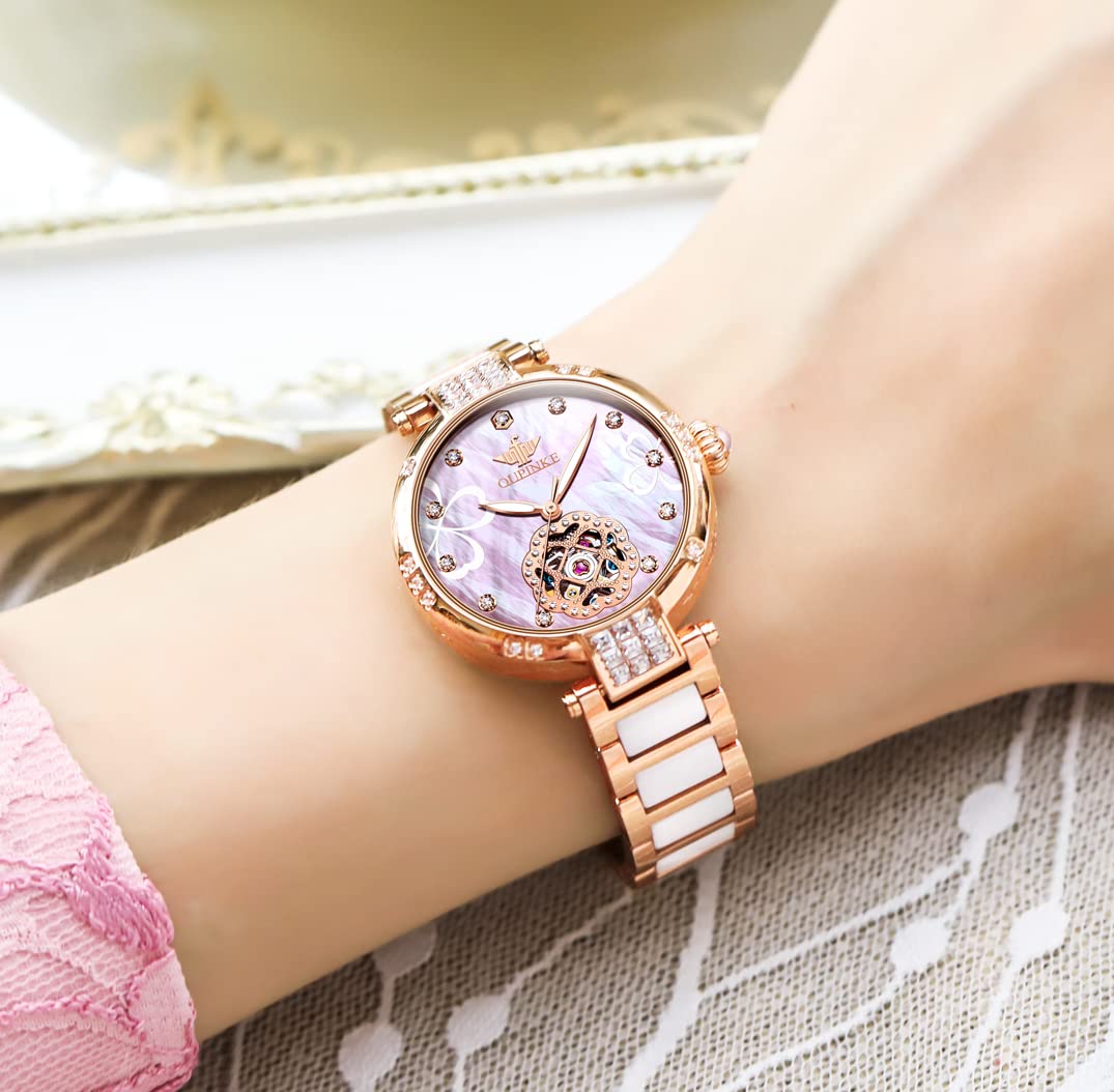 OUPINKE Reloj automático para mujer, con diamantes de cerámica, de oro rosa, elegante, con esqueleto, grabado, mecánico, automático, resistente al agua, luminoso, Banda de oro rosa y esfera rosa