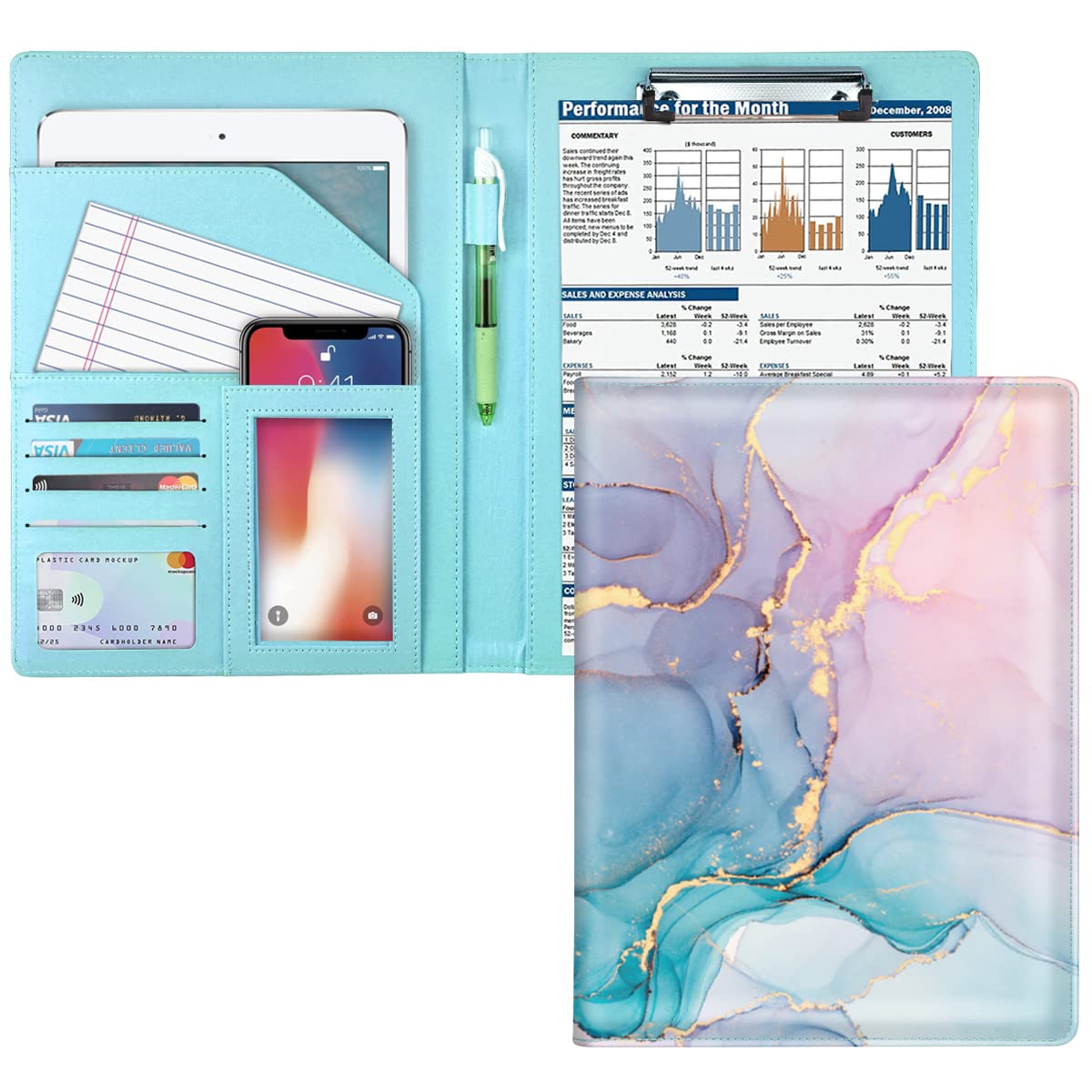 WAVEYU Padfolio Clipboard Folder Portfolio, Marble Leather Storage Clipboard with Cover for Legal Pad Holder Letter Size A4 Writing Pad for Conference