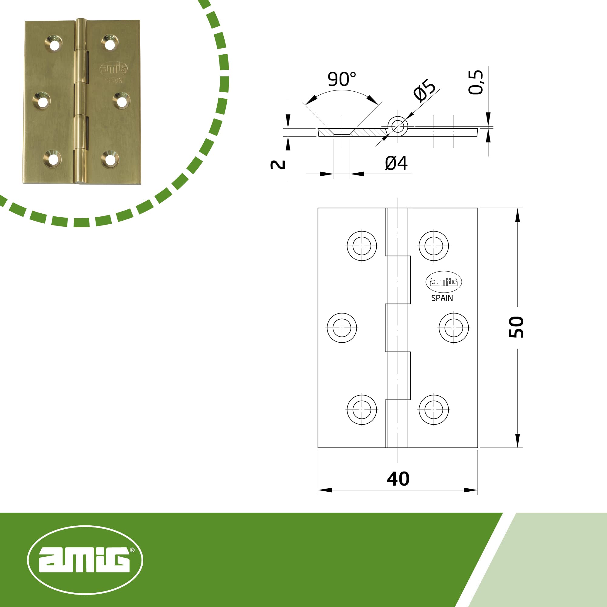 Amig | Packung mit 2 festen Messingscharnieren, matt, 50 x 40 mm, Modell 1002, polierte Oberfläche, quadratisch, laminiertes Profil, einfache Installation und Verwendung, DIY