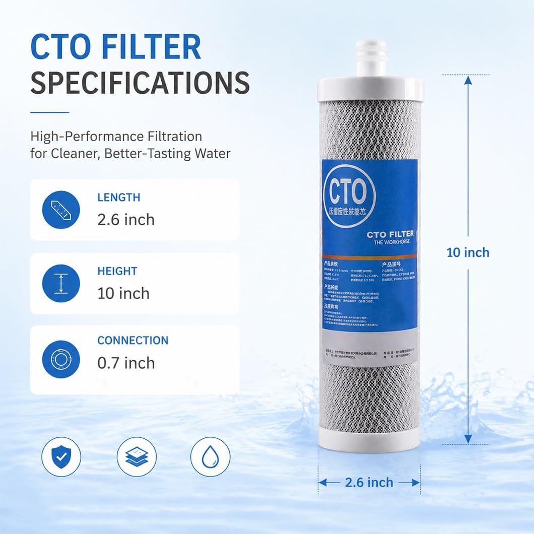 Paquete 4 cartuchos filtrantes CTO de carbón activado de cáscara de coco 10x2,6in con conexión enchufable, aptos para prefiltración bajo fregadero y por ósmosis inversa