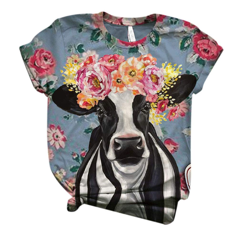 Janly Clearance Sale Women Print Tops , Plus Size Women O-Neck Short Sleeve 3D Cow Print Casual Top Tee T-Shirt Blouse , for Summer (Blue/L)
