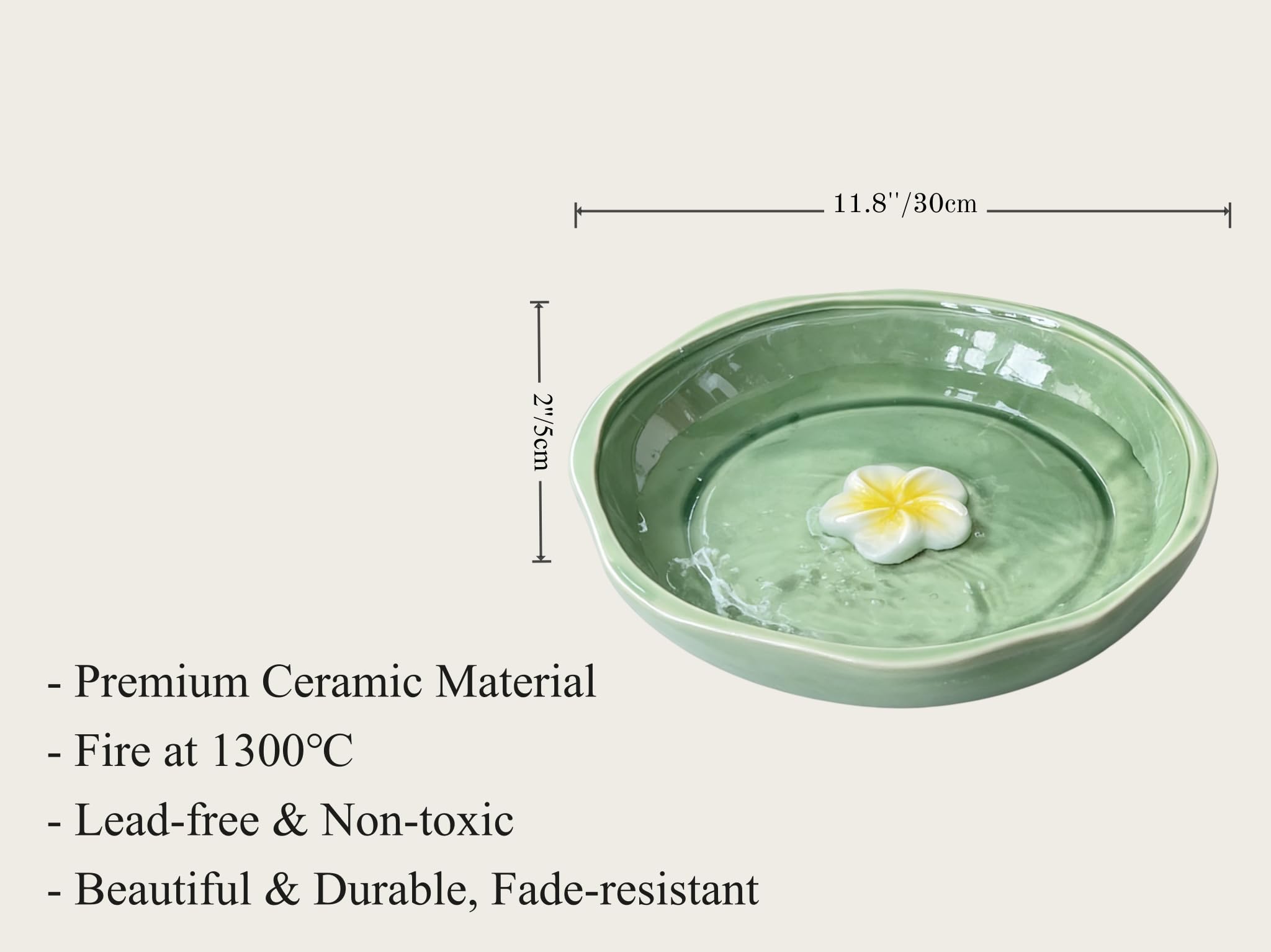 Cuenco decorativo de cerámica verde claro de 11.8 pulgadas para baño de pájaros silvestres de alta temperatura para jardín al aire libre, solo cuenco