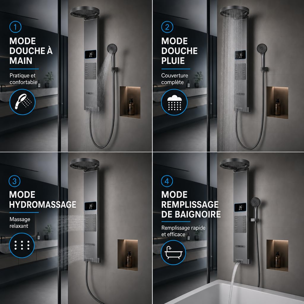 INEX EUROPA Panneau de douche thermostatique gris titane de luxe - Colonne de hydromassage avec garantie de 10 ans et 4 modes de fonctionnement - Colonne de douche de 105 cm de haut Collection Daytona