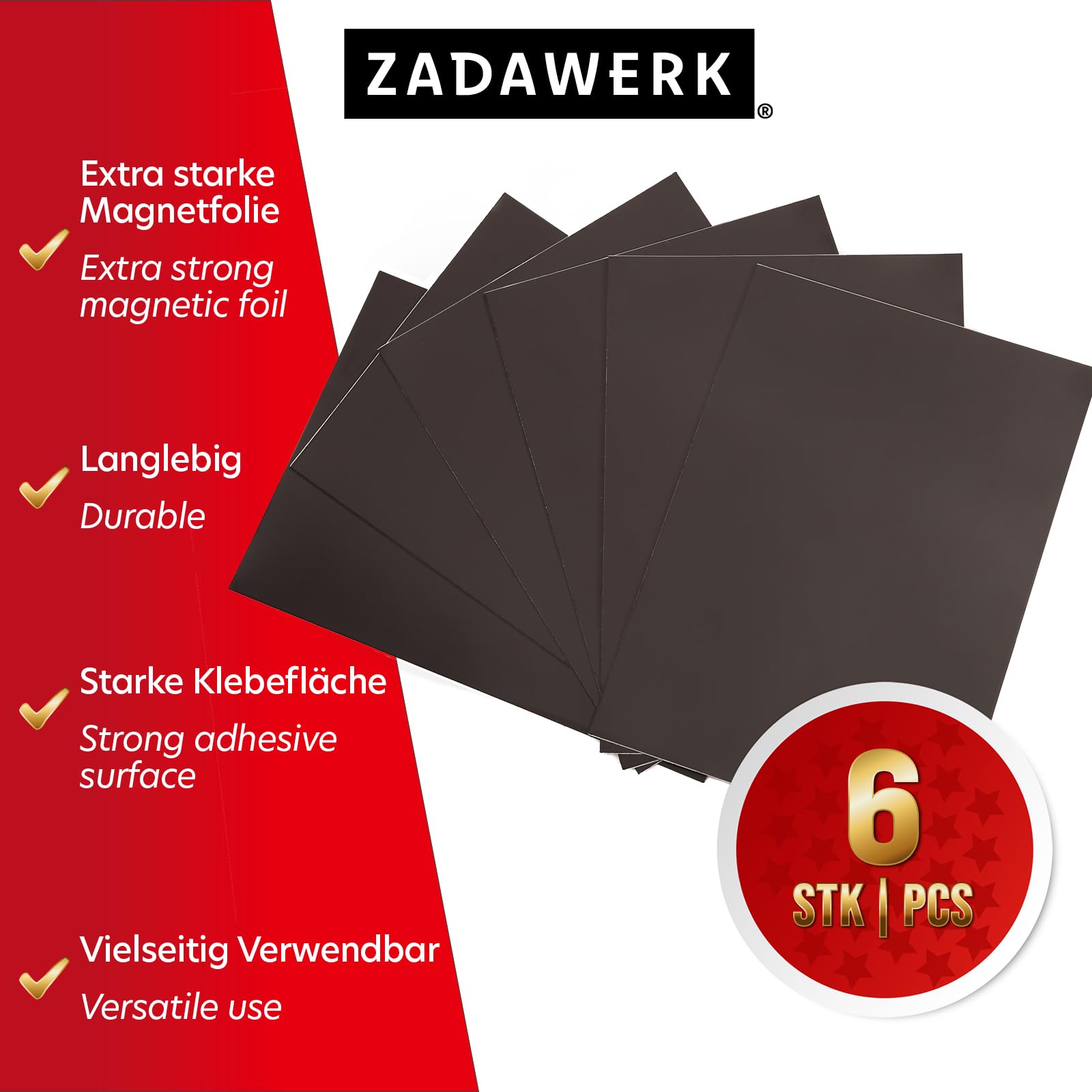 ZADAWERK® Film magnétique - 1,2 mm - DIN A4-6 pièces - tableau autocollant, aimanté - noir - fabriquer des aimants pour réfrigérateur - décorer, trier et organiser