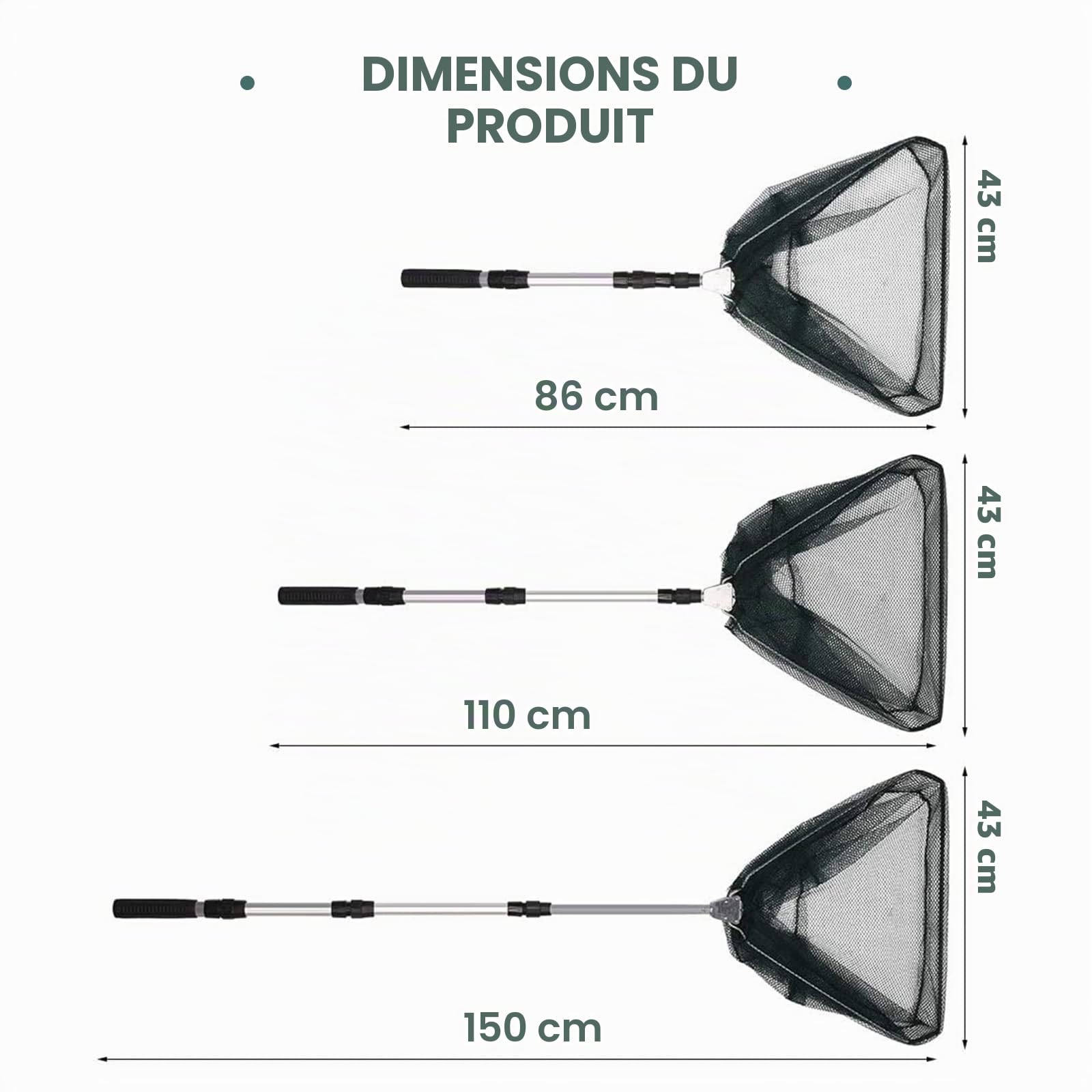 KK'S GLAMS® Épuisette de pêche télescopique – Pliable, extensible, poignée en alliage d'aluminium de 1,5 m, légère et portable pour attraper les oiseaux et les poissons