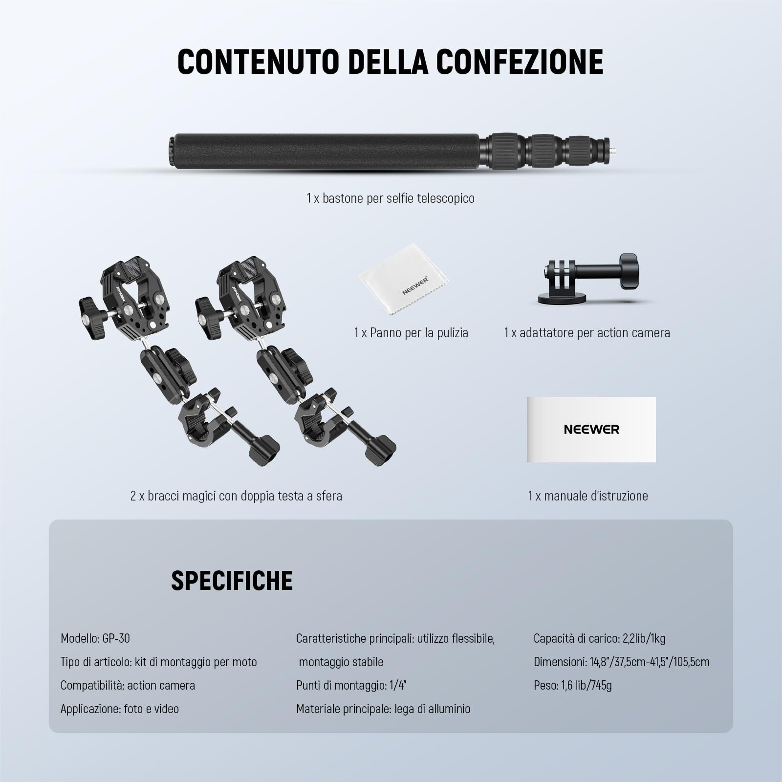 NEEWER Kit di Supporto Fotocamera da Moto, Asta Selfie Invisibile per Manubrio Bici, Teste Sfera 360°, Super Clamp e Panno Pulizia, Compatibile con GoPro Insta360 DJI AKASO Action Cam per Video, GP-30