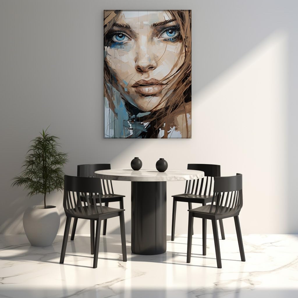 Canvas for Living Room. Gaze into The Abyss: Unveiling The Digital Portrait of a Blue-Eyed Enchantress, 27 x 18 inch Canvas Wall Art - Contemporary Masterpieces - Modern Home Decor