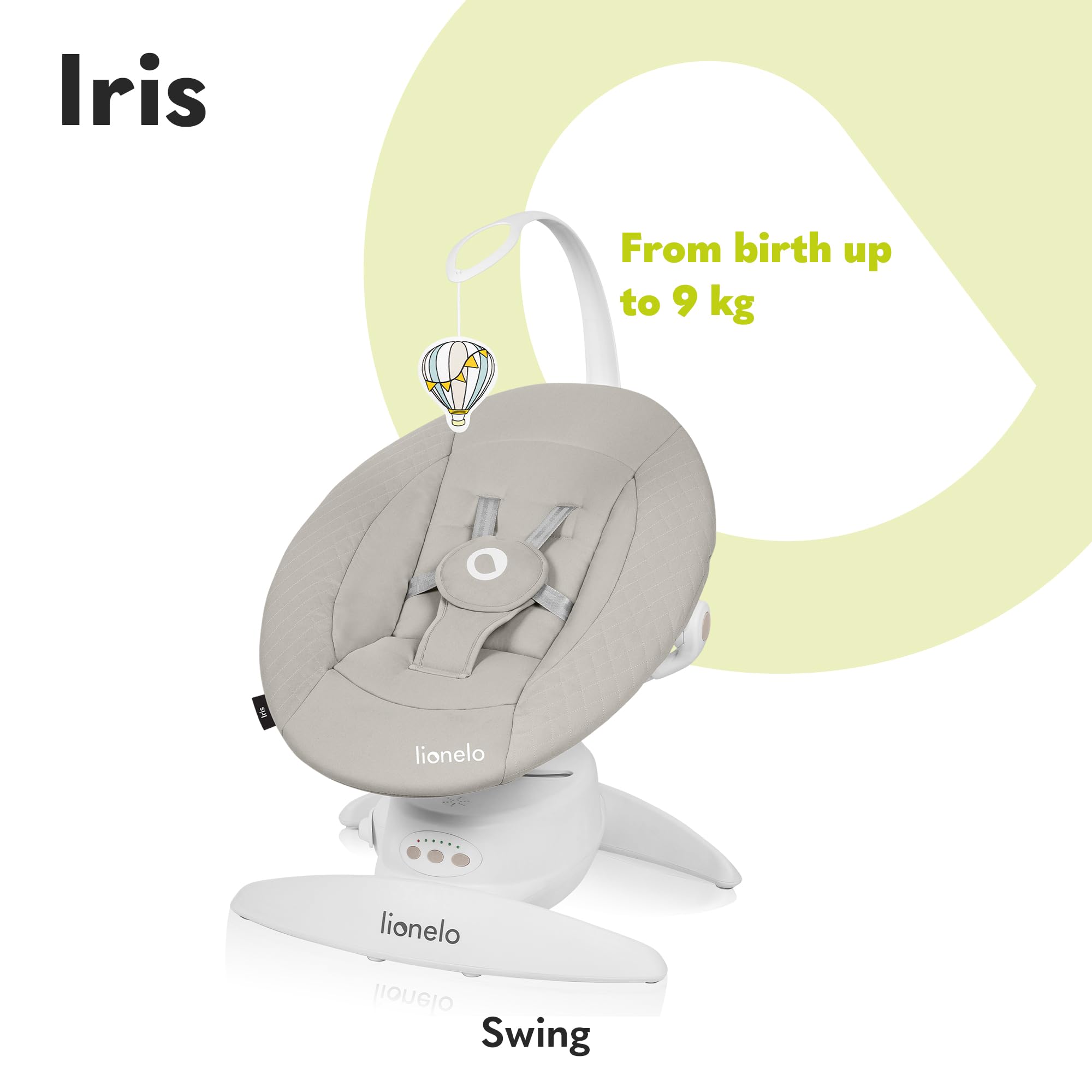 LIONELO Iris sdraietta neonati girevole su 360o per bambini fino a 9 kg Regolazione dello schienale, 5 velocità di oscillazione Cinture di sicurezza Antiscivolo, 12 Melodie Archetto con giocattolo
