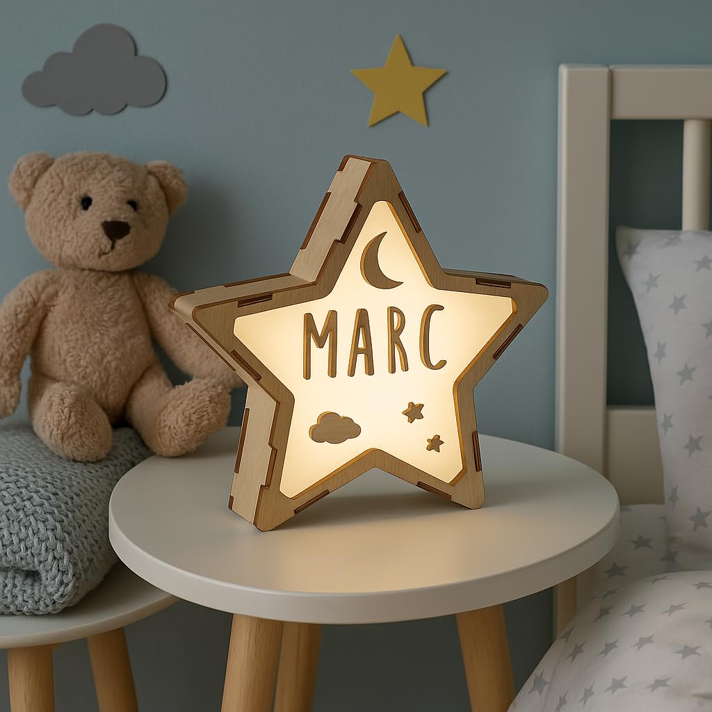 LolaPix Lámpara LED mesita de Noche. Luz Nocturna Infantil. Estrella de Madera Luminosa. Luces LED habitación. Regalo bebé. Baby Shower. Decoracion cumpleaños. Lámpara Personalizada con Nombre. Luna
