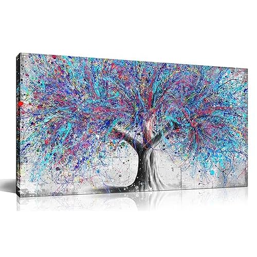 Tree Wall Art for Living Room, Blue Watercolor Canvas Wall Decor for Bedroom, Banksy Graffiti Print Painting Picture Decoration, Size 40×20 Inches