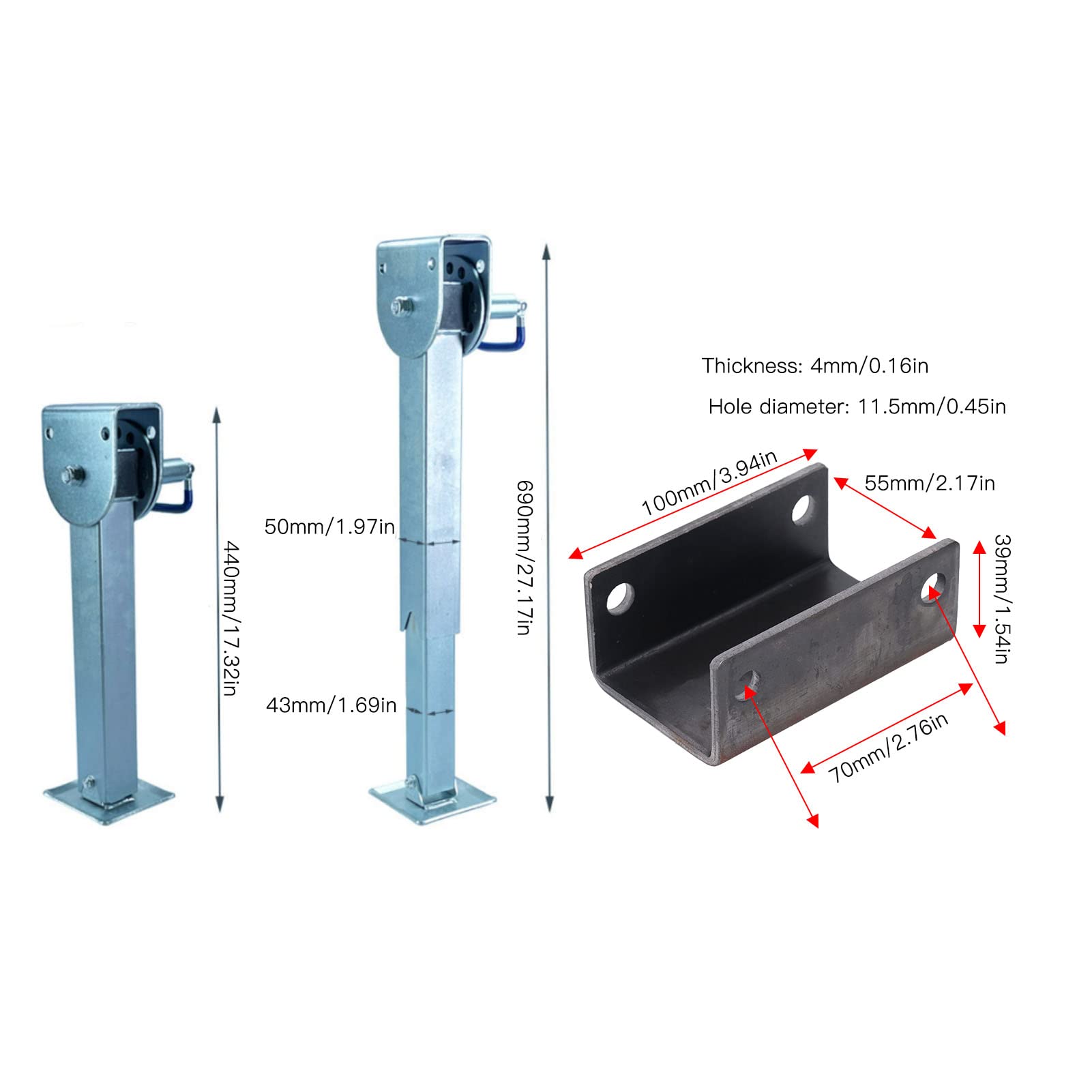 Soporte de Gato para Remolque de 440‑690 Mm Pata Abatible 2000 Kg Cojinete de Carga Hierro Galvanizado para RV Autocaravana Camper Caravana Bases de Mesa de Restaurante Accesorios para Remolques