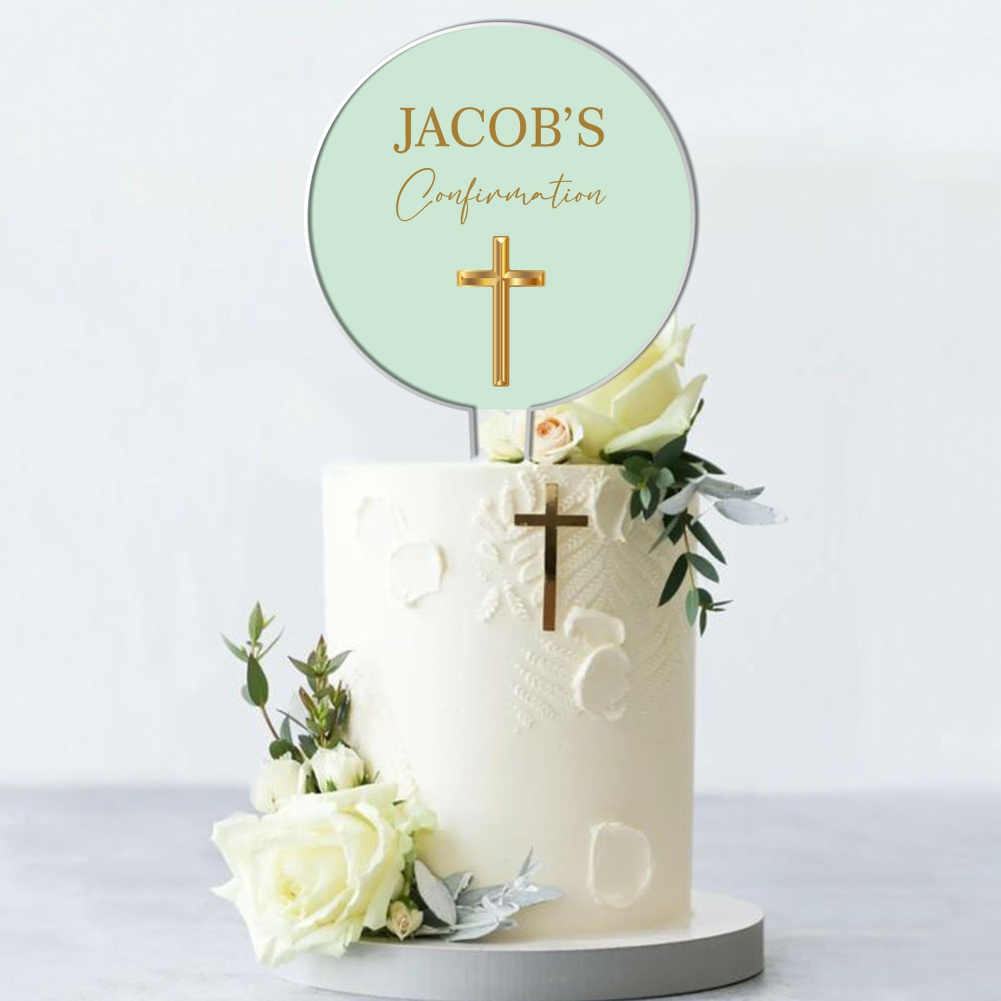 Personalised Acrylic Cake Topper for Christenings Confirmations Holy Communions – Custom Child’s Name in 7 Colours with Gold Cross Design (Confirmation, Mint)