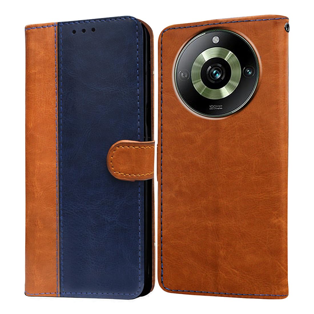 Casotec Premium Leather Kickstand Wallet Flip Case Cover with Magnetic Closure for Realme 11 Pro 5G / Realme 11 Pro Plus 5G – Camel and Blue