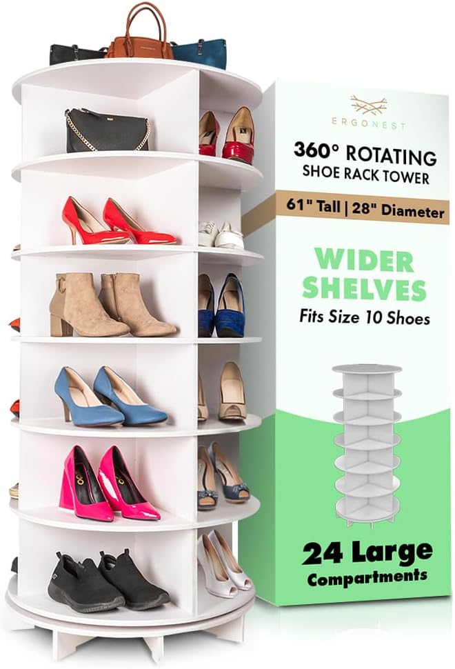 Max XL Large Rotating Shoe Rack Tower - White with 24 Large Compartments - Lazy Susan Bag Carousel - Revolving Cap Shelf - Spinning Shoe Tower - Rotating Bag Shelving