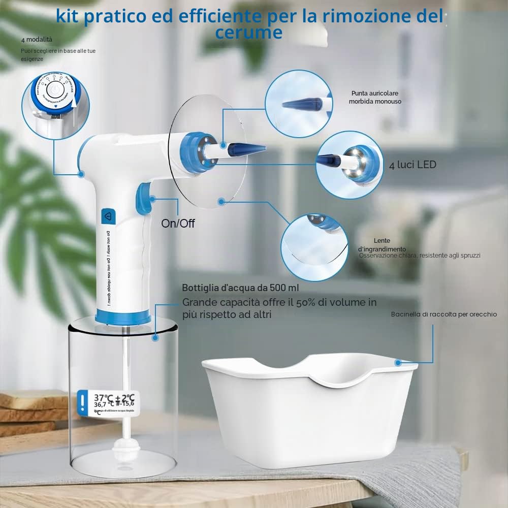 Pulitore elettrico per le orecchie, 4 Impostazioni di Modalità di Pulizia per orecchie ricaricabile, dotato di 9+1 punte per le orecchie e bacinella di cattura orecchio (10 Ohr Tipps)