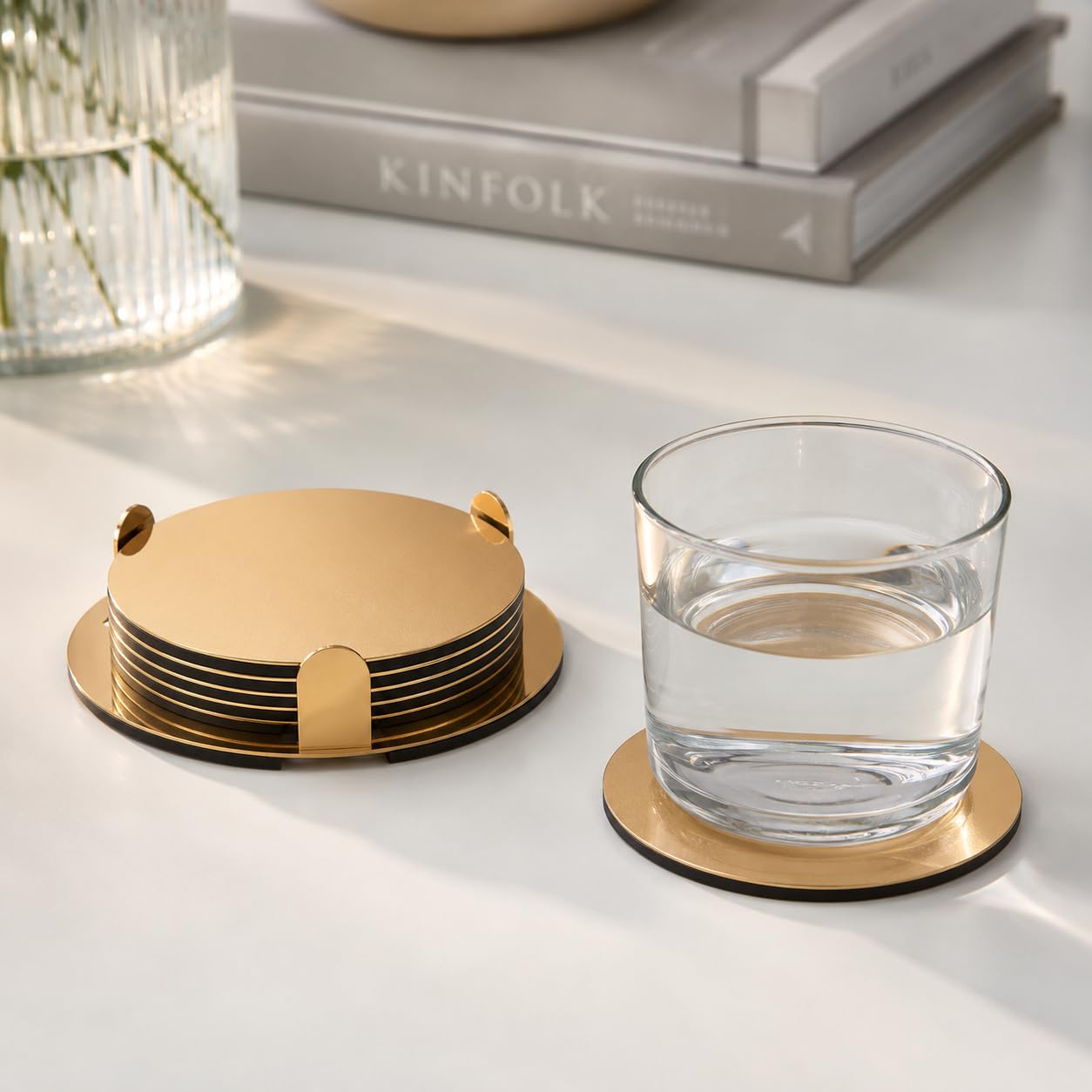 IKEA Glattis Coasters With Holder Brass Color 6 pack Size 3" 503.430.05